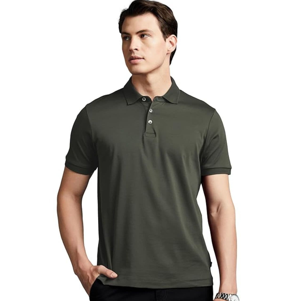 Men Solid Mandarin Collar Cotton Blend Dark Green T-Shirt