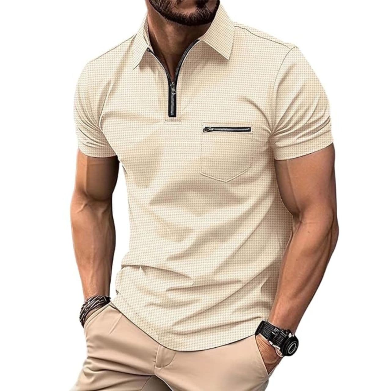 Men Self Design Polo Neck Cotton Blend Beige, Black T-Shirt
