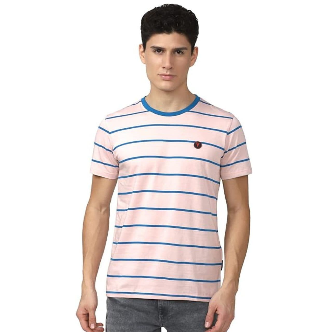 Men Striped Round Neck Polyester Pink T-Shirt